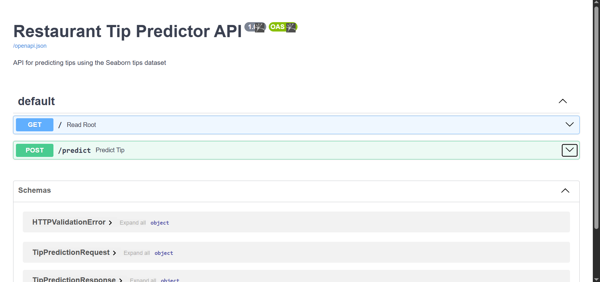 image showing the API application documentation page